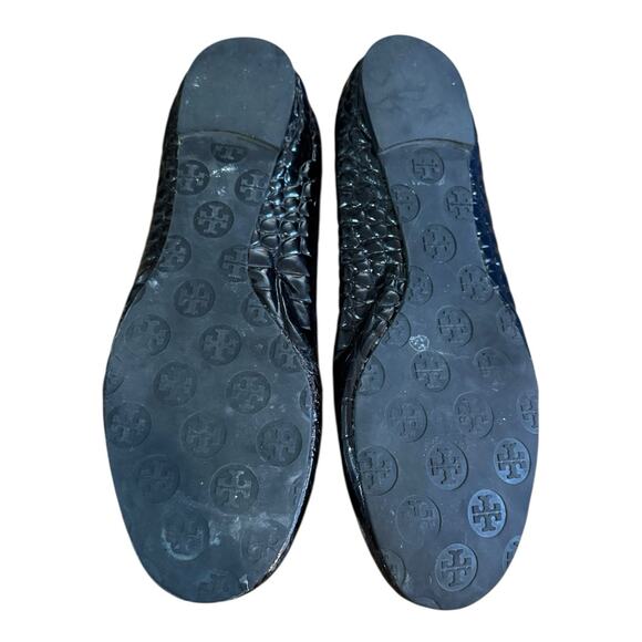 TORY BURCH Reva Black Leather Croc Print Ballet Slip On Flats Scrunch Back 11M - Picture 9 of 11